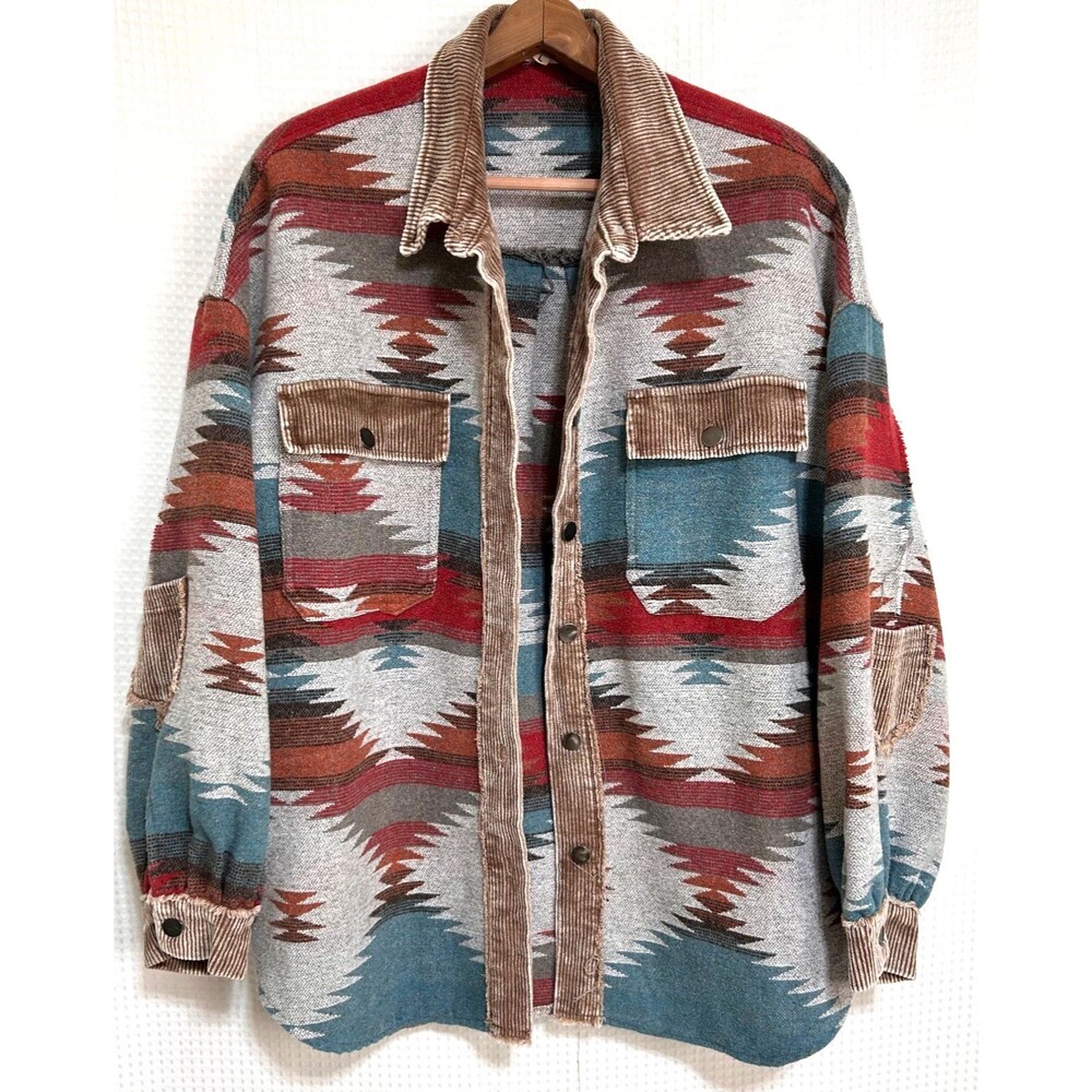 POL Aztec Native Print Jacket Raw‎ Hem Fringe Coat Boho Oversized Size Large